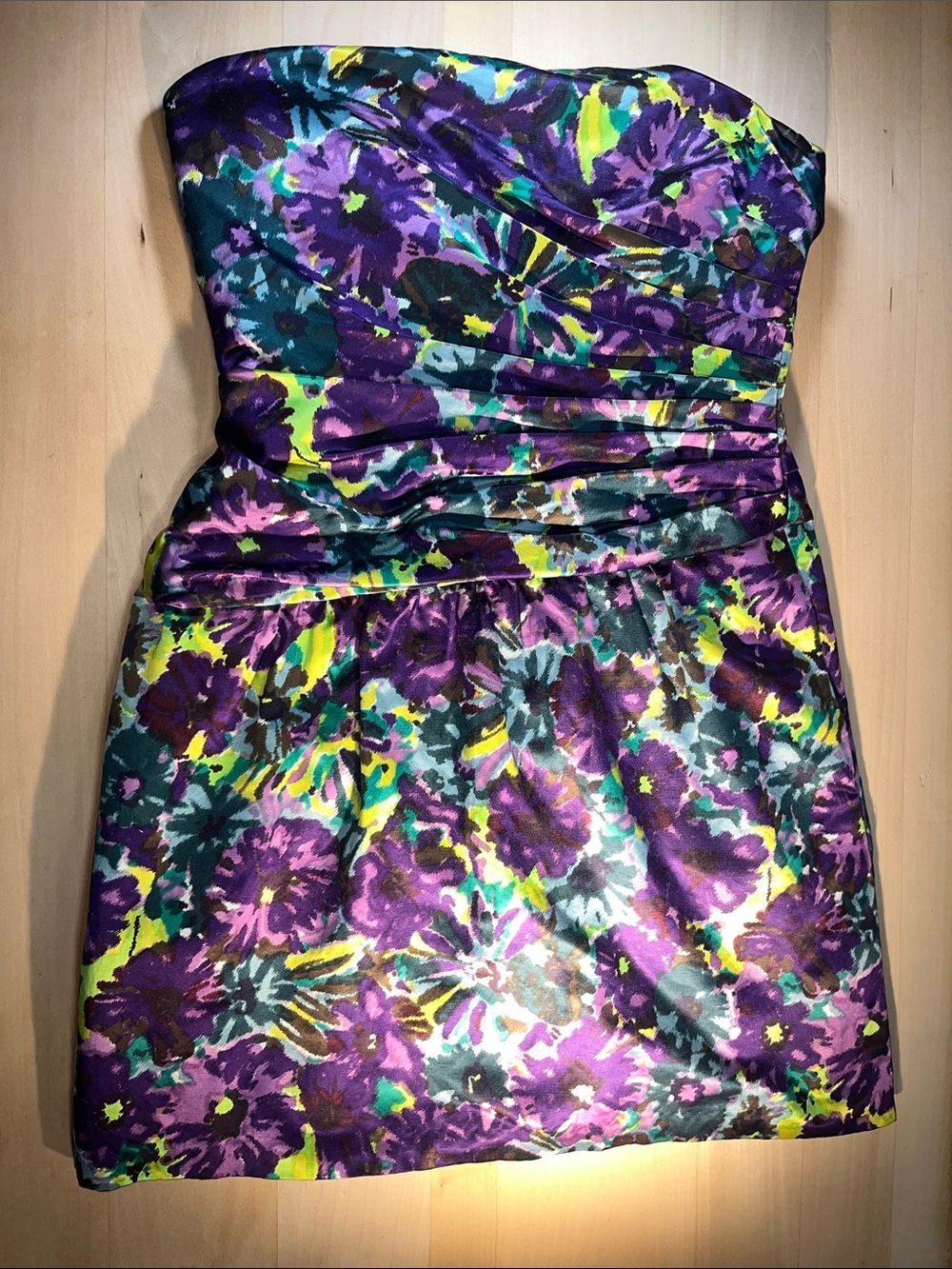 BCBGMaxAzria Strapless Floral Satin Dress in Purple, Green & Chartreuse